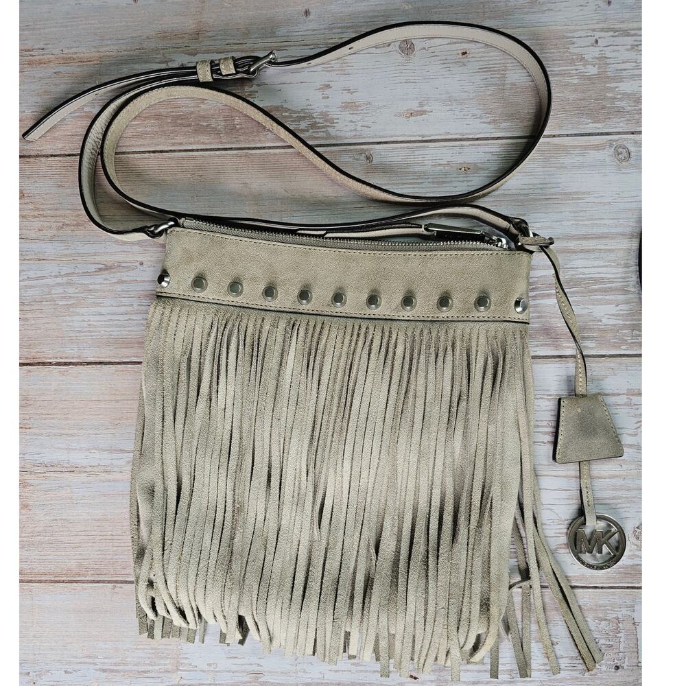 Michael Kors Greige Suede Fringe Studded Crossbody Western Chic Shoulder Bag